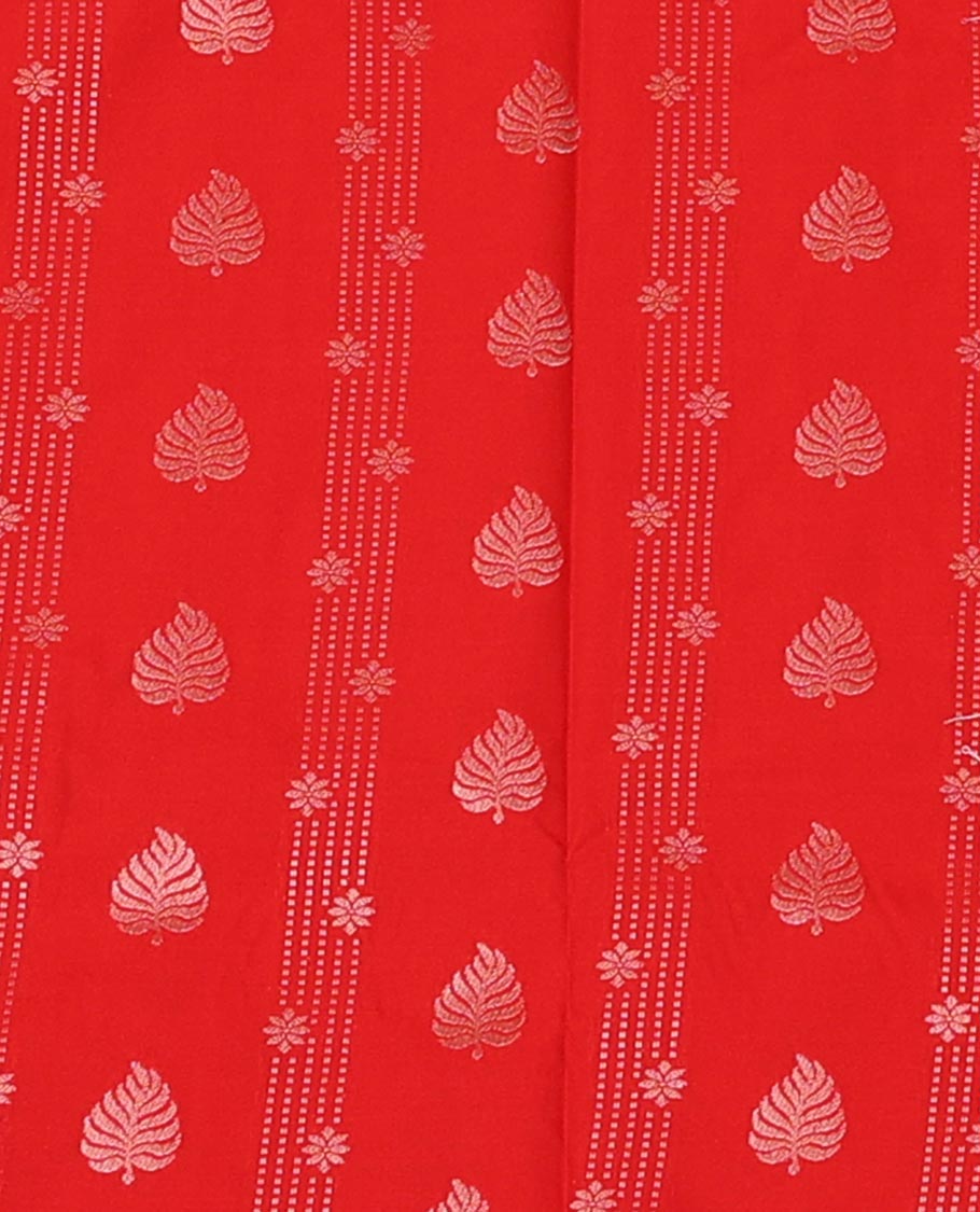 Red Art Silk Pavadai Material Set, Featuring Leaf Zari Buttas All Over the Skirt, Complemented by a Contrast Jaal Patterned Zari Design Border, and Paired with a Contrast Blouse