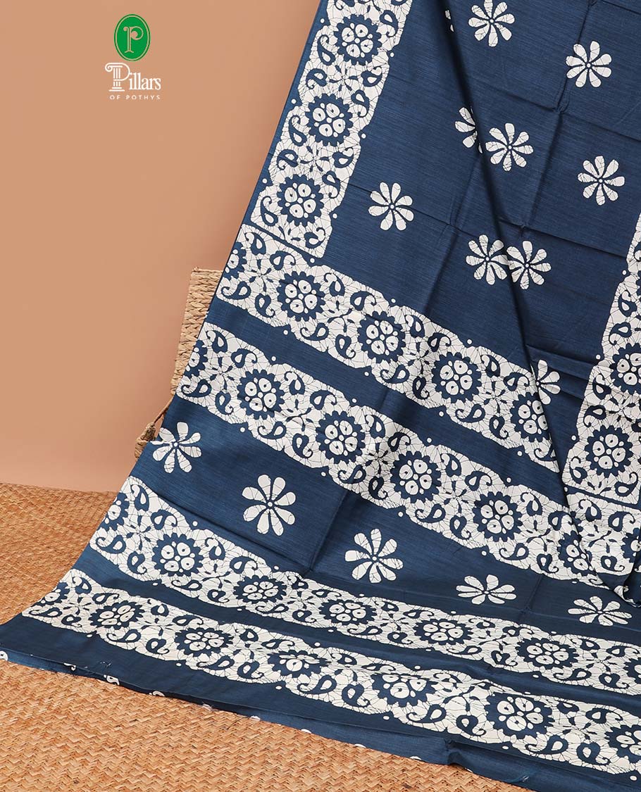 Navy blue pathik print dola soft silk saree with smally carry design print blouse