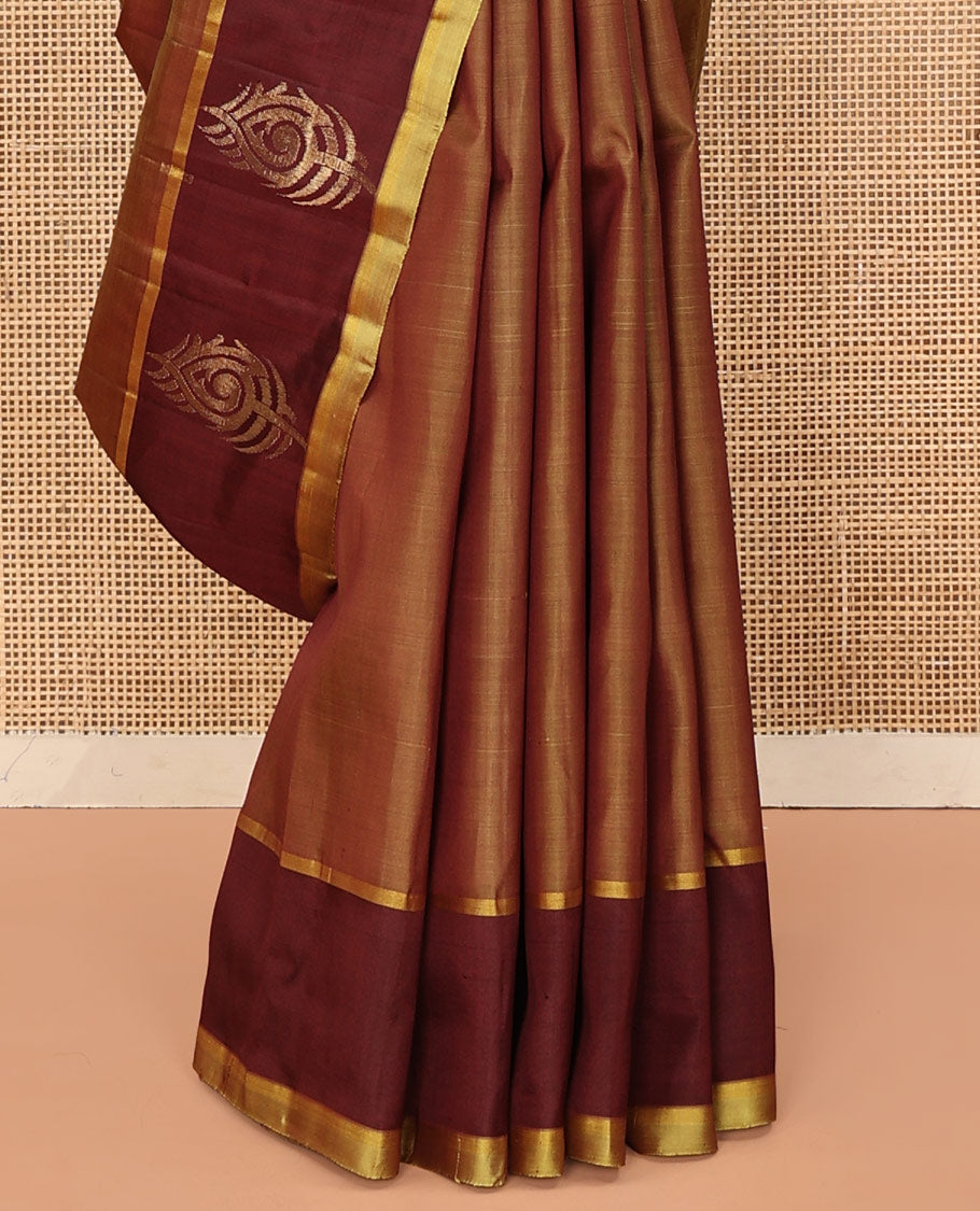 Yellow Kanchipuram Silk Saree, Finely Crafted with Buttas All Over Its Body, Complemented by a Contrast Border of Peacock Feather Designs, Pallu of Intricate Motifs, and Paired with a Contrast Blouse