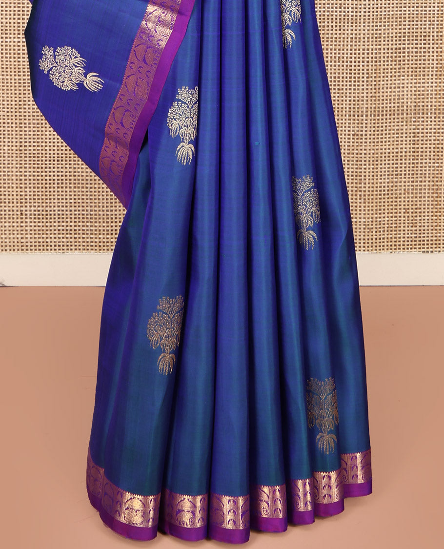 Blue Kanchipuram Silk Saree, Uniquely Designed with Zari Buttas on Its Body, Complemented by Contrast Border of Rekku, Thazampoo Rekku, and Annam Designs, Intricately Designed Pallu, and Paired with a Contrast Blouse