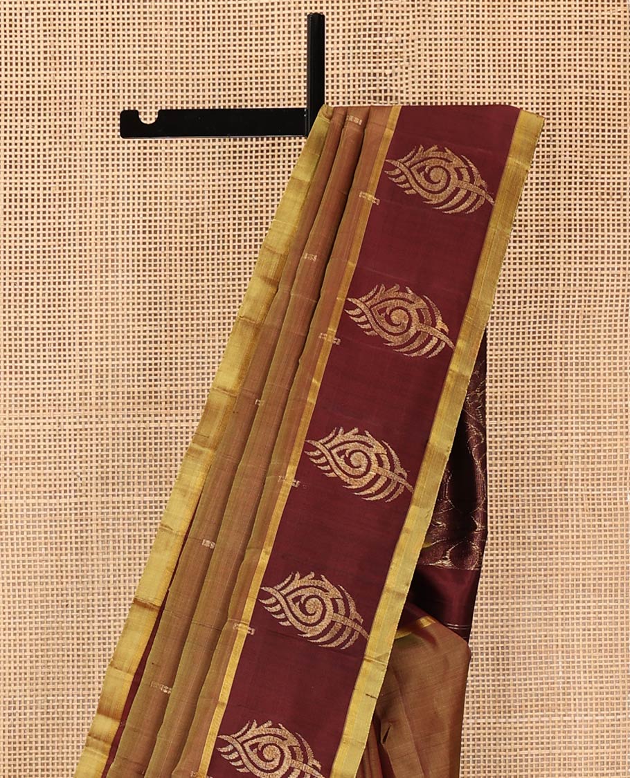 Yellow Kanchipuram Silk Saree, Finely Crafted with Buttas All Over Its Body, Complemented by a Contrast Border of Peacock Feather Designs, Pallu of Intricate Motifs, and Paired with a Contrast Blouse