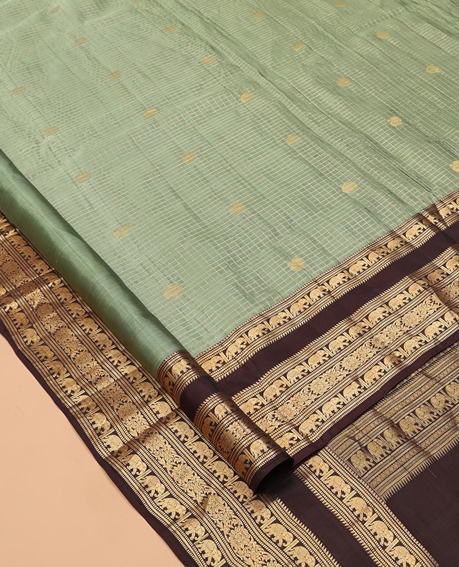 Elaichi Checked Vasundhara Lite Silk Mix Saree, Contrast Elephant Border, Jaal Pallu, and Contrast Blouse