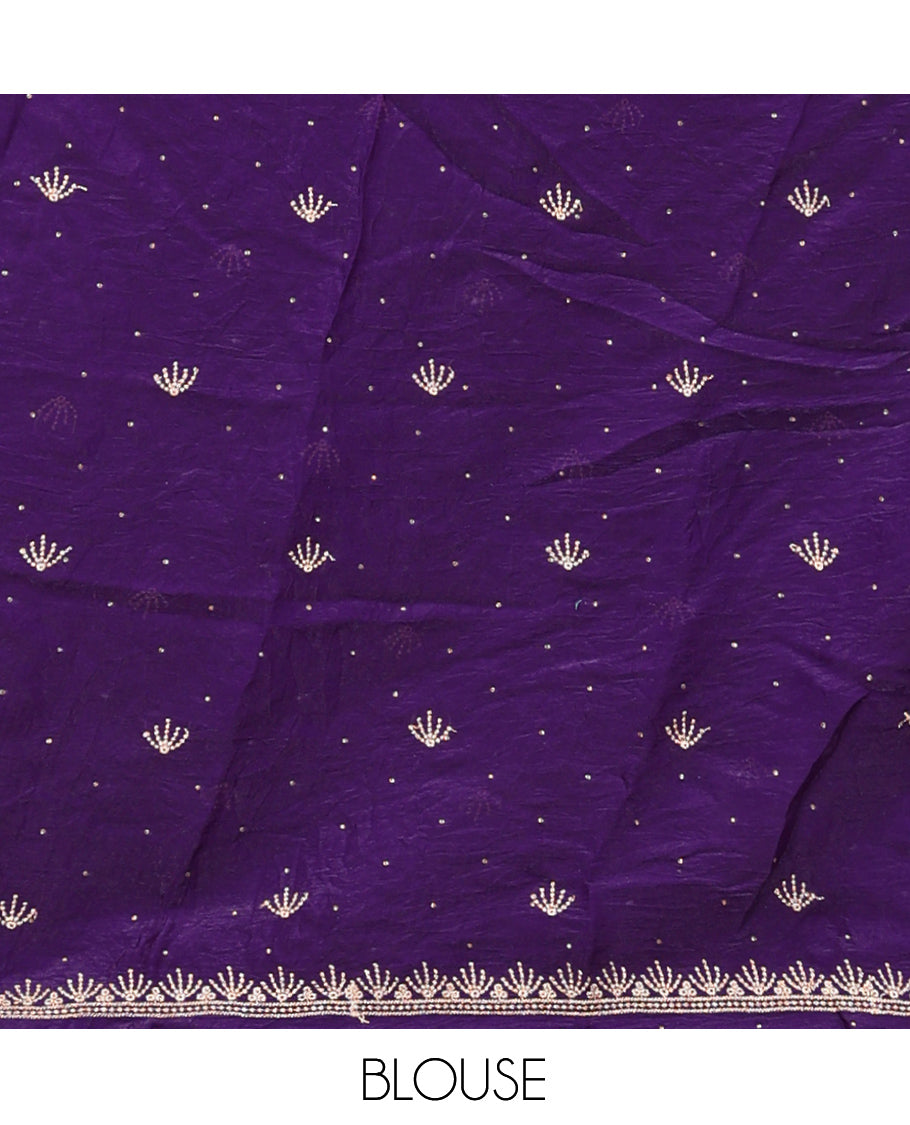 Violet Banarasi Half-Saree, Majestically Detailed with Embroidered Skirt, a Floral Embroidered Border, a Matching Blouse, and Contrast Scallop Embroidered Dupatta