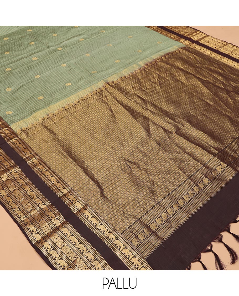 Elaichi Checked Vasundhara Lite Silk Mix Saree, Contrast Elephant Border, Jaal Pallu, and Contrast Blouse