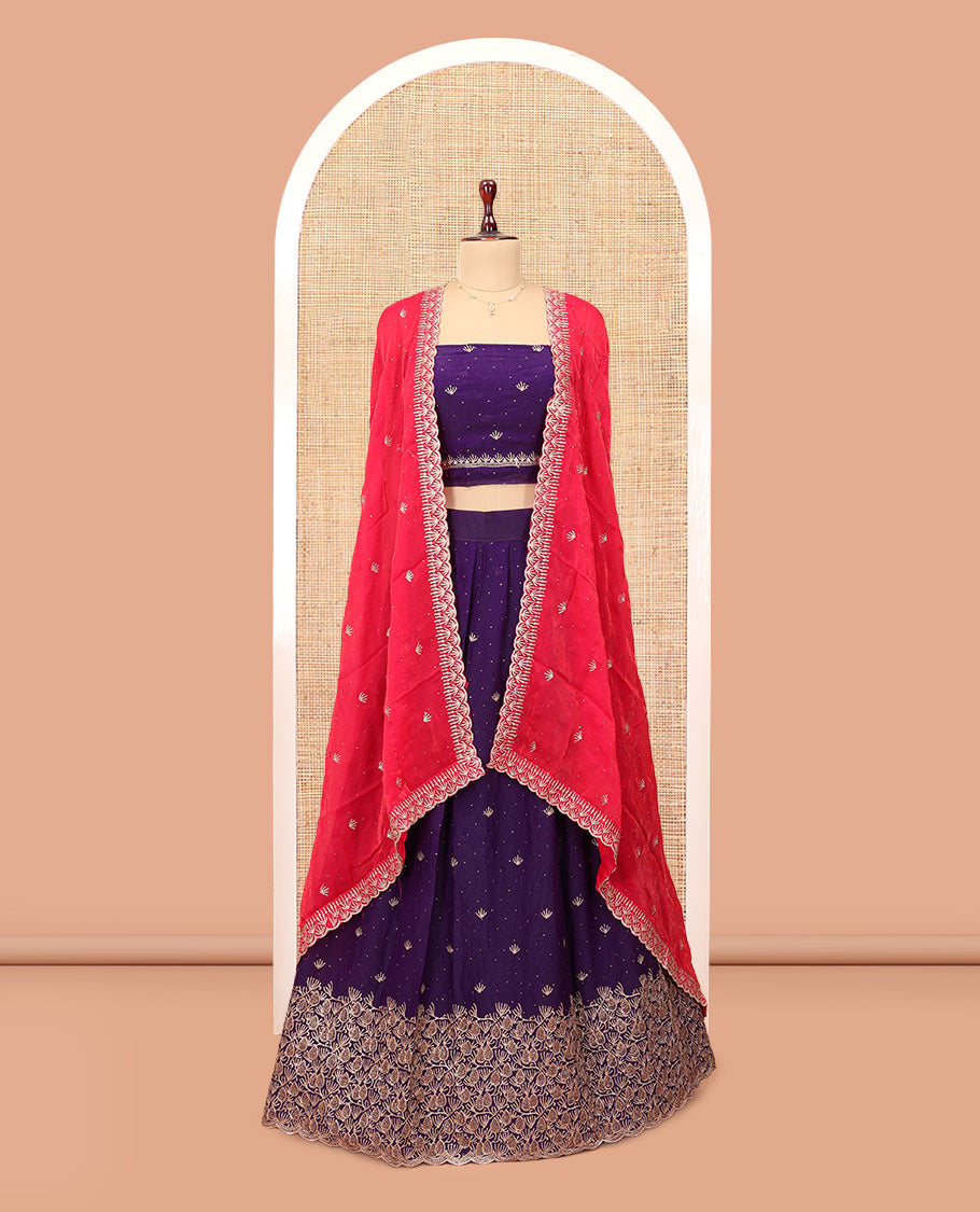Violet Banarasi Half-Saree, Majestically Detailed with Embroidered Skirt, a Floral Embroidered Border, a Matching Blouse, and Contrast Scallop Embroidered Dupatta