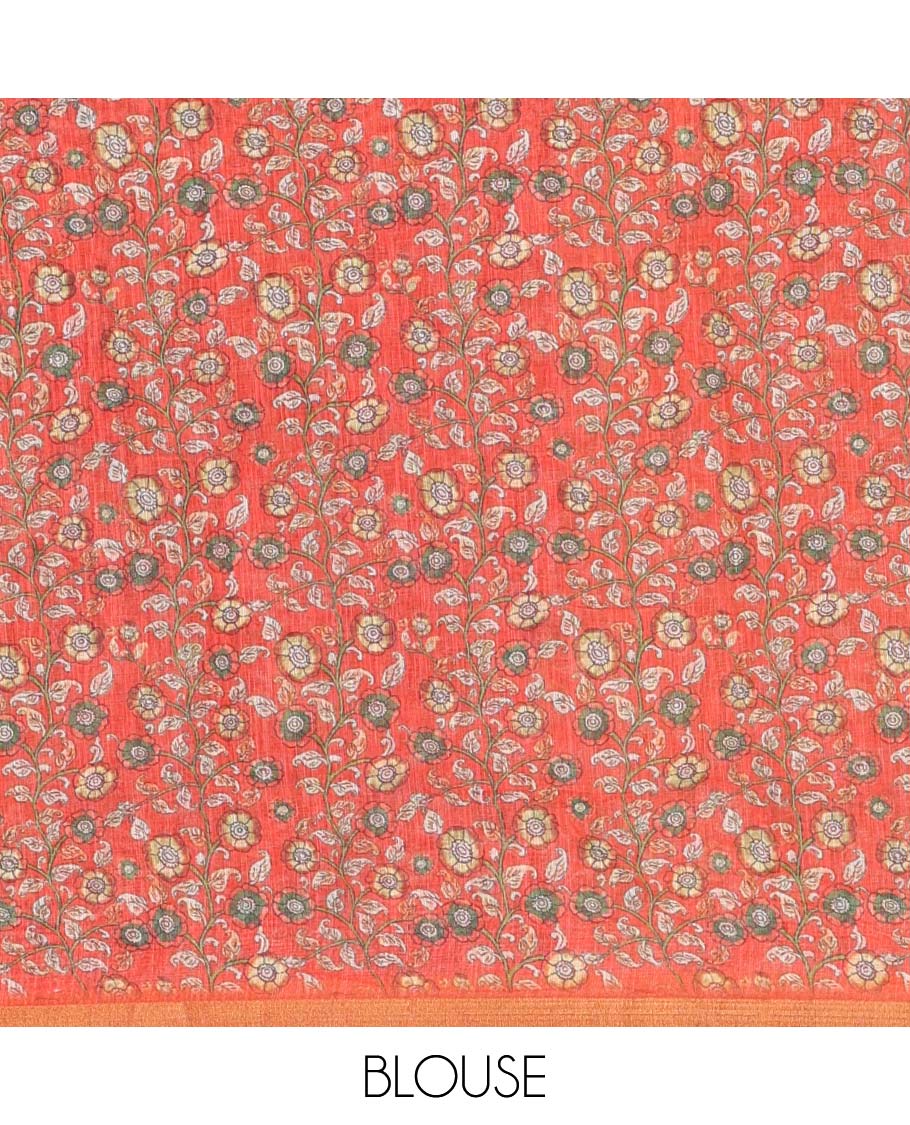 Black argyle shibori printed linen cotton saree, contrast border, kalamkari floral vine printed pallu, and a contrast kalamkari printed blouse