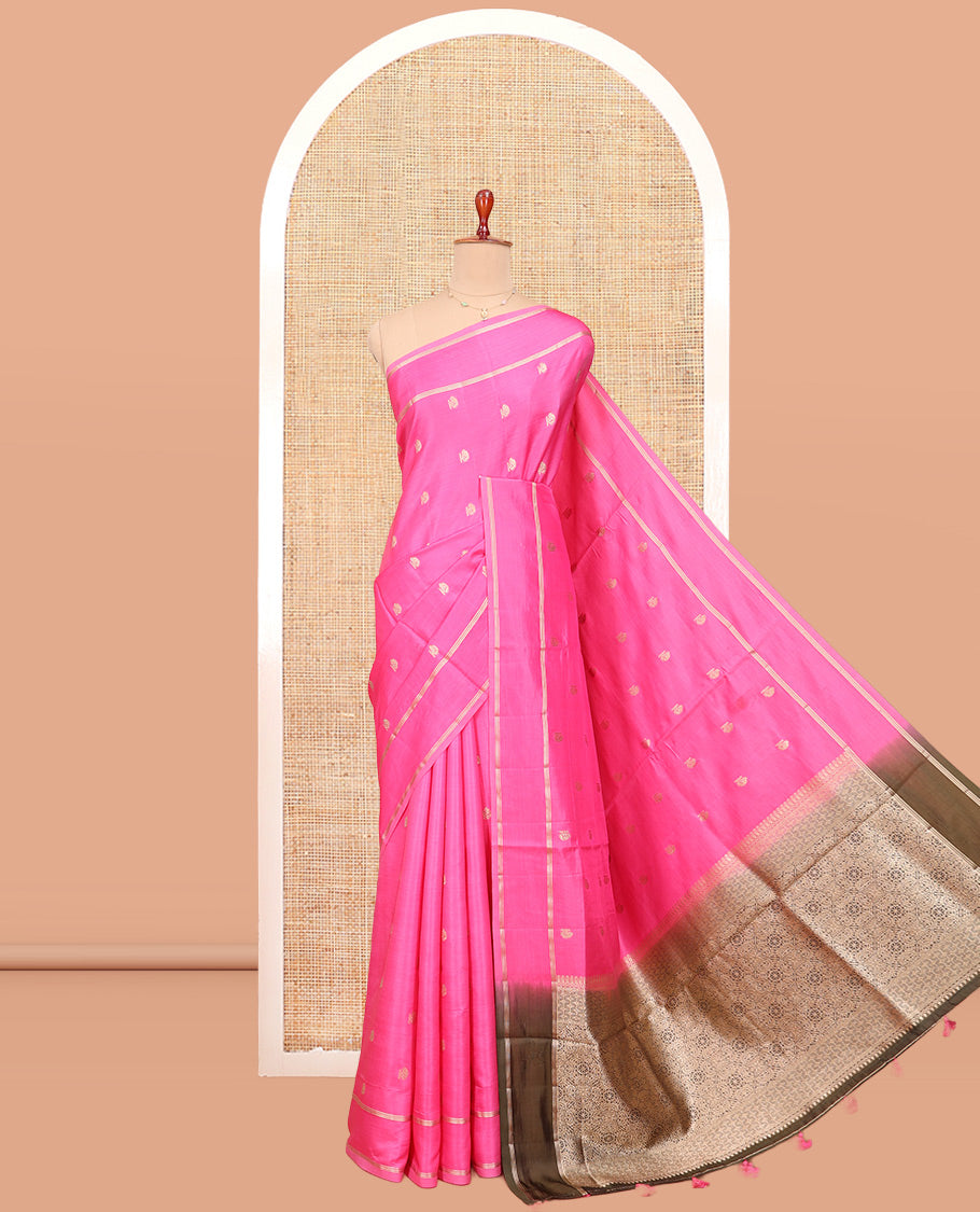 Pink Satin Silk Saree, Spotlighted with Zari Buttas All Over Its Body, Highlighted by Rettai Pettu Border, Complemented by a Contrast Intricately Designed Pallu, and Paired with a Contrast Blouse