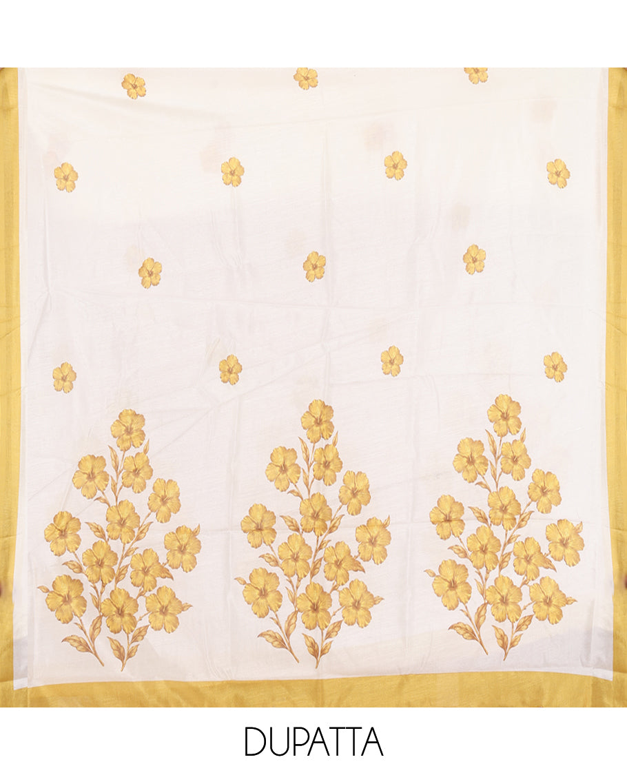 Cream-Mustard Semi-Silk Material Chudidar, Floral Printed Top, Matching Bottom, Floral Printed Dupatta