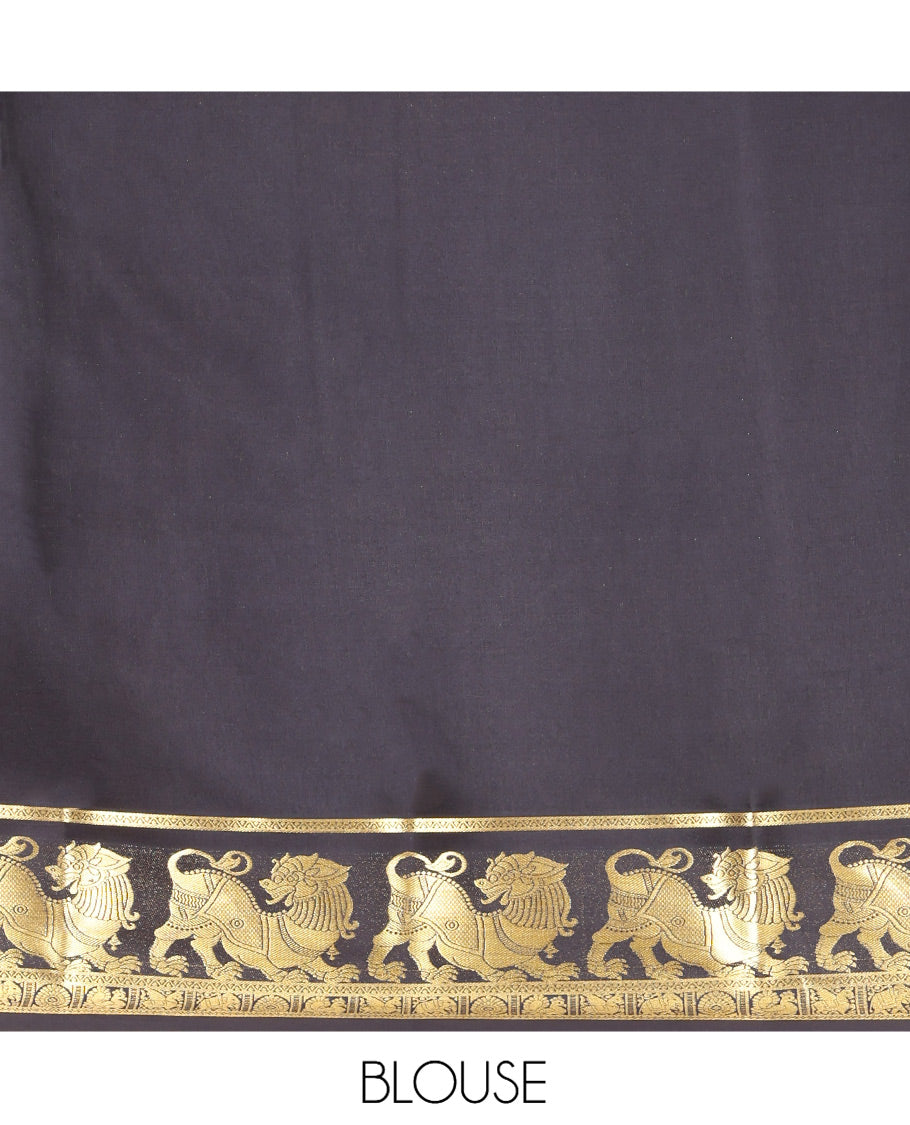 Yellow Mysore Silk Saree Features Lion-Elephant Butta, Contrast Traditional Lion Zari Border, a Grand Pallu, and a Contrast Blouse