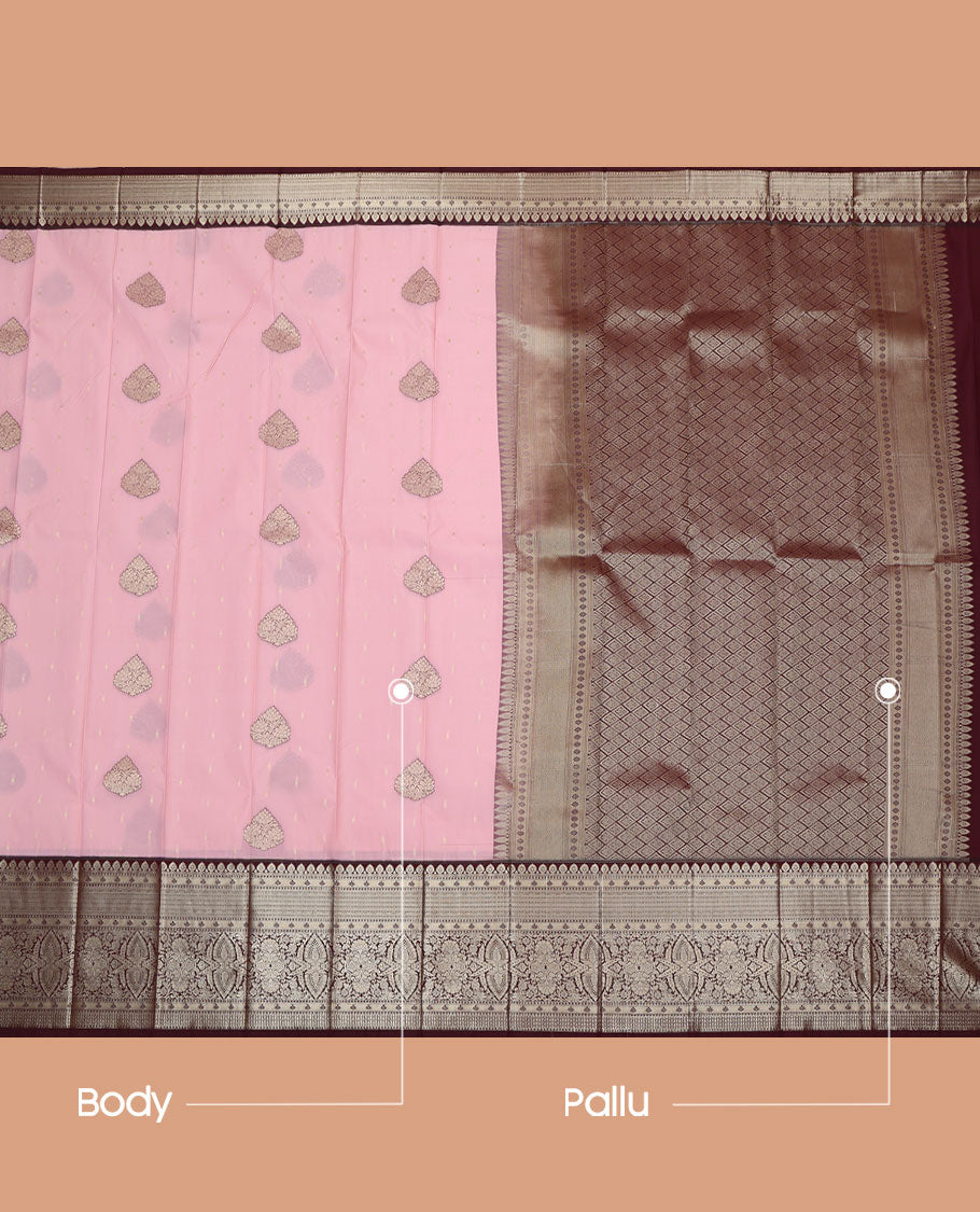 Pink Budget Silk Saree, Highlighted by Buttas All Over Its Body, Complemented by a Contrast Traditional Zari Design Border, Majestically Detailed Pallu, and Paired with a Contrast Blouse