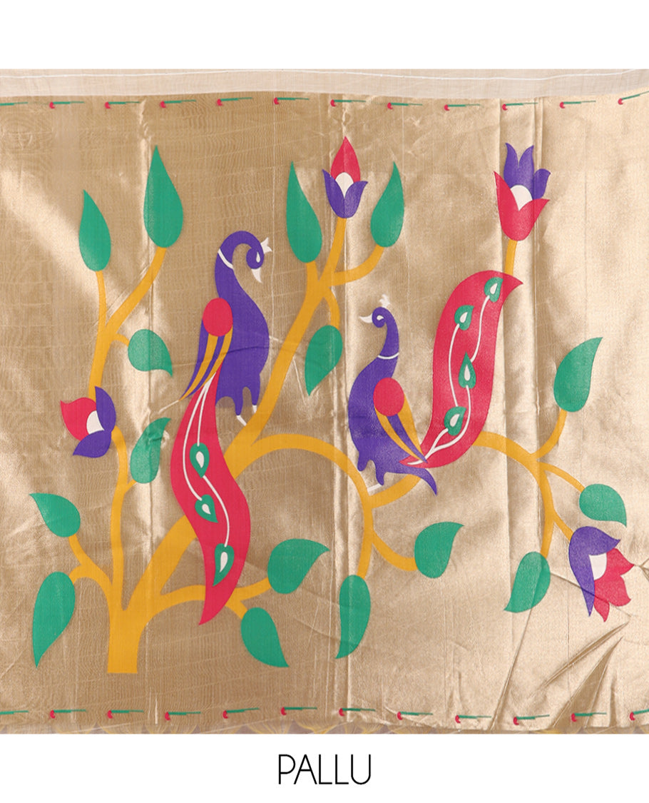 Cream Sequins Striped Semi-Raw Silk Saree, a Zari Border, Pallu of Paithani Designs, Matching Blouse