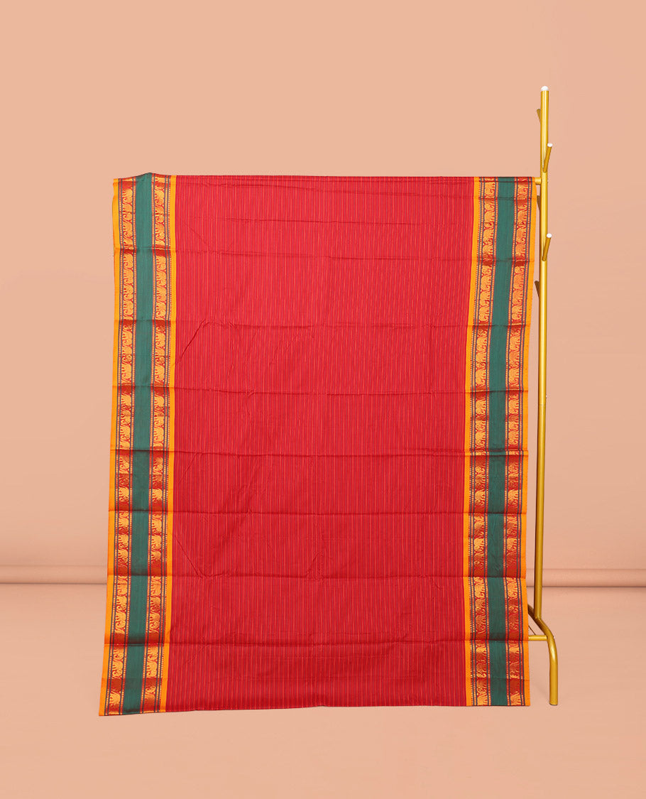Red Striped Narayanpet Cotton Saree, Complemented by a Contrast Traditional Design Rettai Pettu Border, Striped Pallu, and Comes Without a Blouse