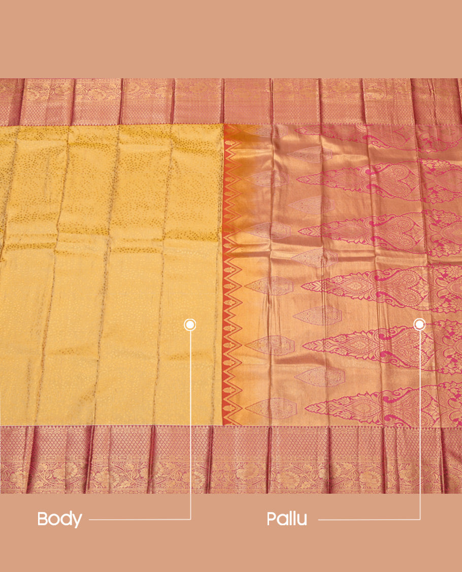Sandal Budget Silk Saree, Richly Detailed with Floral Jacquard, Complemented by a Contrast Traditional Zari Border, Grand Pallu, and a Contrast Blouse