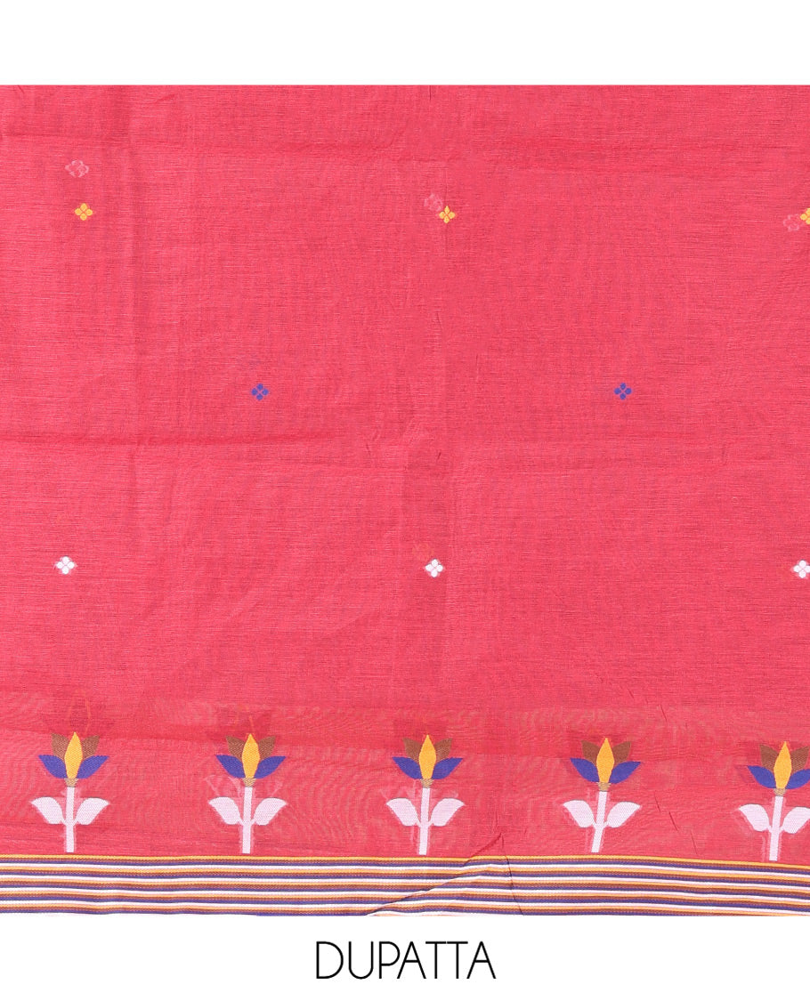 Maroon Mul Chanderi Material Churidar Features Jamdani-Style Meena Buttas Top, a Plain Bottom, and a Jamdani-Style Dupatta