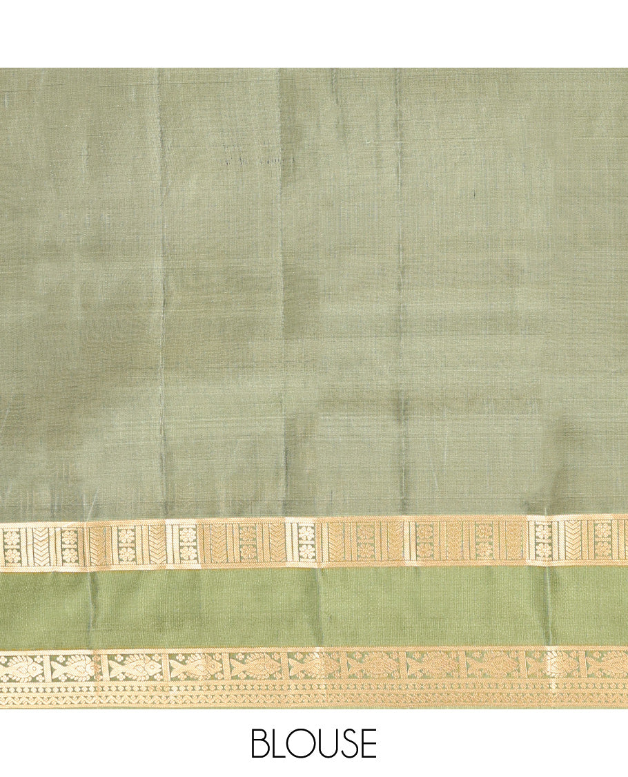 Green Vasundhara Lite Silk Mix Saree, Elevated with Zari Buttas and Strpes, a Contrast Rettai Pettu Zari Border, a Grand Pallu, and a Contrast Blouse