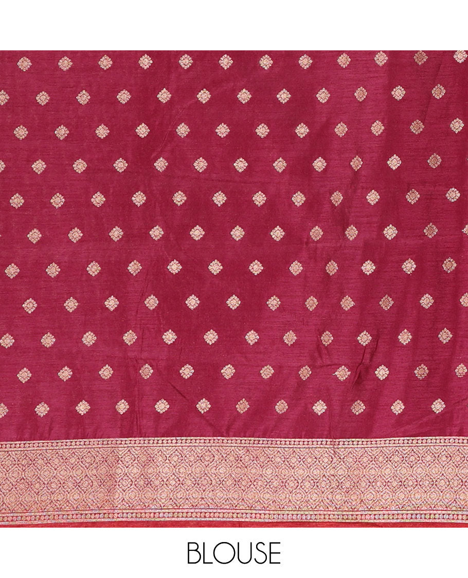 Yellow banaras style butta linen saree with zari border & contrast pallu along with contrast blouse