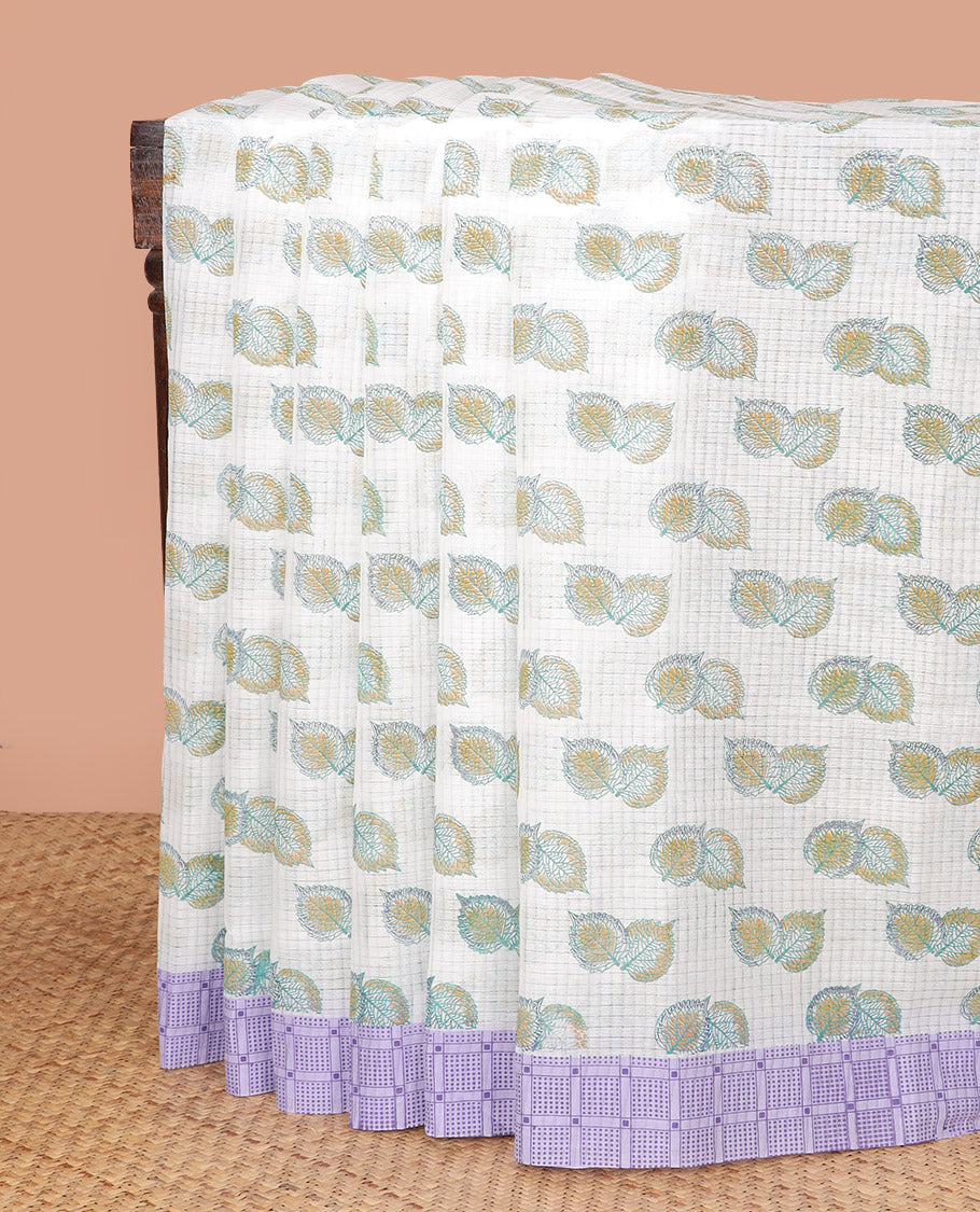 White Chirala Cotton Saree, Enthralled with Checks and Leaf Buttas All Over Its Body, Complemented by a Contrast Border, Pallu Features Shell Motifs, and Paired with a Contrast Geometric Blouse