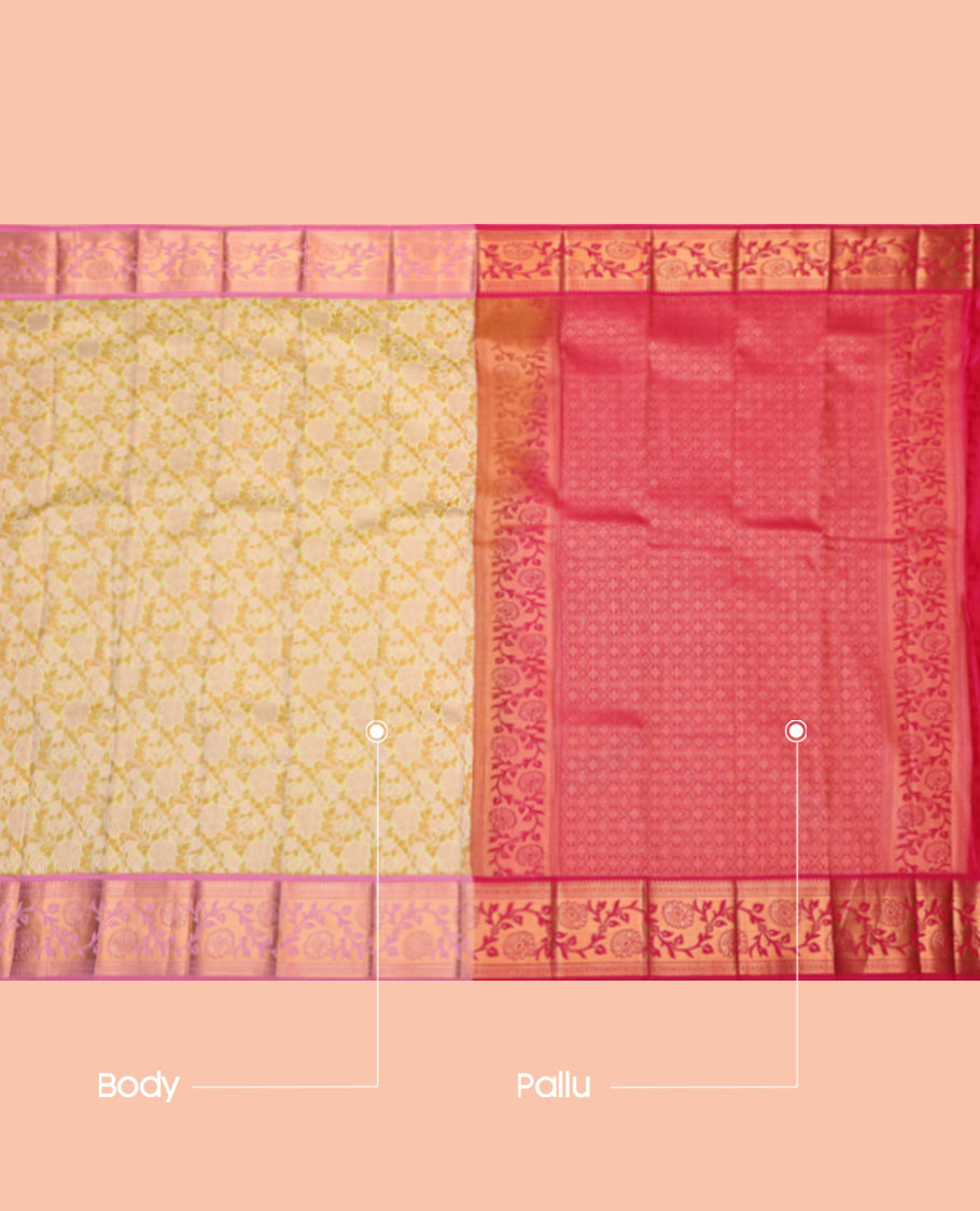 Yellow Budget Silk Saree, Bedecked with a Jacquard Design, Complemented by a Contrast Floral Creeper Zari Border, Jaal Pallu, and Contrast Blouse