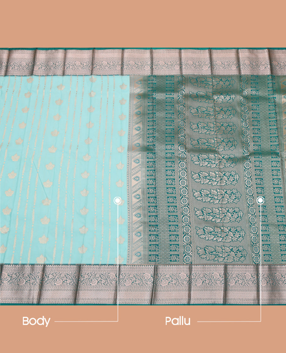 Blue Budget Silk Saree, Sparsely Threaded with Zari Buttas, Complemented by a Contrast Traditional Zari Border, Grand Pallu, and Contrast Blouse