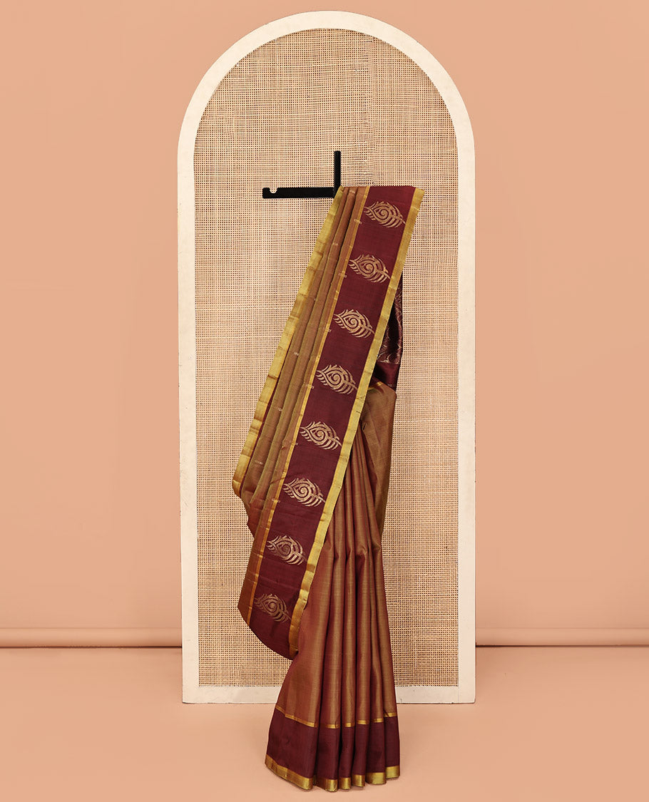 Yellow Kanchipuram Silk Saree, Finely Crafted with Buttas All Over Its Body, Complemented by a Contrast Border of Peacock Feather Designs, Pallu of Intricate Motifs, and Paired with a Contrast Blouse