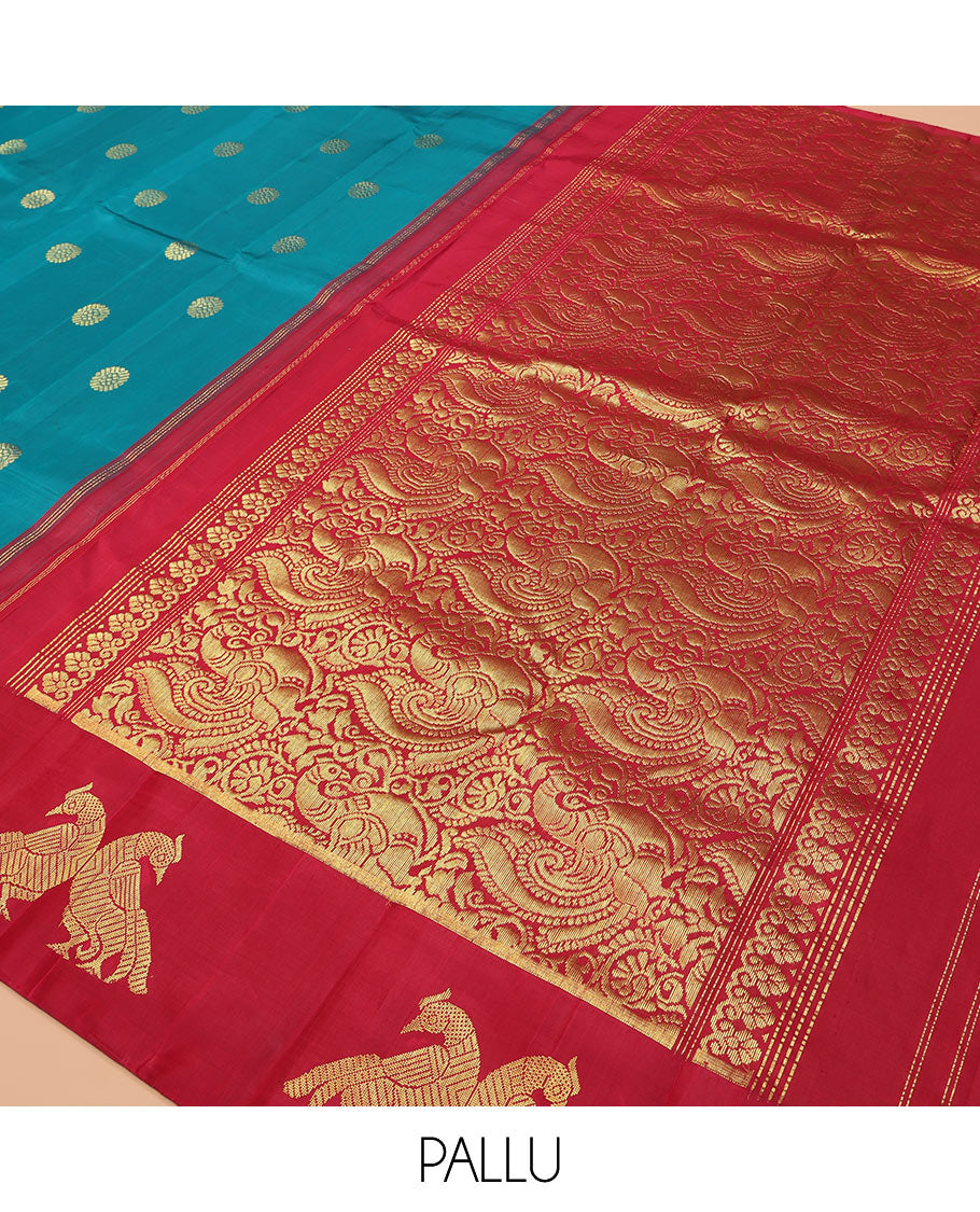 Blue Kanchipuram Silk Saree, Crafted with Chakra Buttas, Complemented by a Contrast One-Sided Korvai Border of Chakram and Kili Designs, Annam Motif Pallu, and a No Blouse