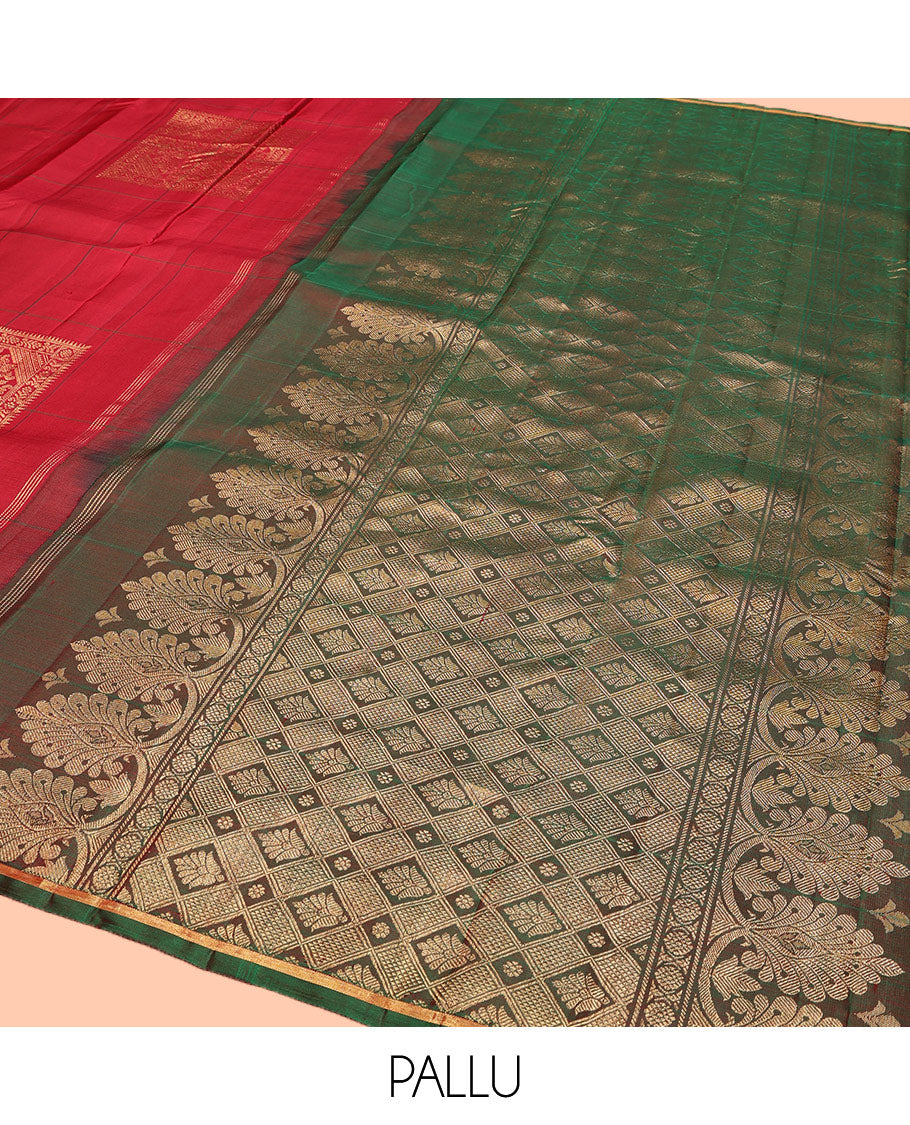 Borderless Red Kanchipuram Silk Saree, Accentuated with Big Decorated Square Buttas Enclosed Checks on its Body, Complemented by a Contrast Pallu of Jaal Designs, and Paired with a Contrast Blouse