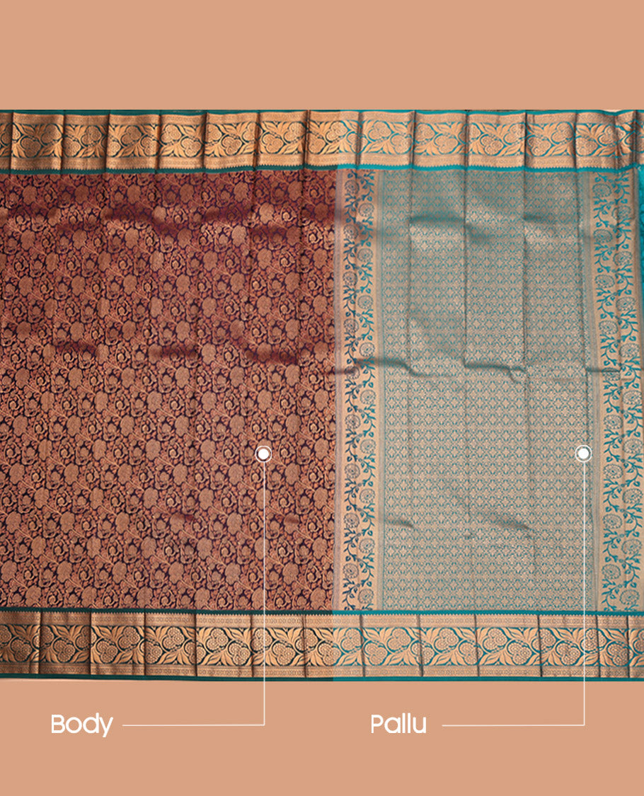 Brown Budget Silk Saree, Enthralled with Floral Jacquard, Complemented by Contrast Traditional Zari Border, Jaal Pallu, and a Contrast Blouse