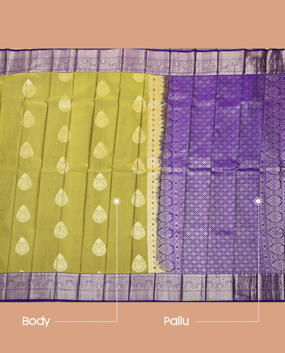 Green Budget Silk Saree, Decorated with Zari Buttas All Over Its Body, Complemented by a Contrast Traditional Zari Design Border, Grand Jaal Pallu, and Paired with a Contrast Blouse