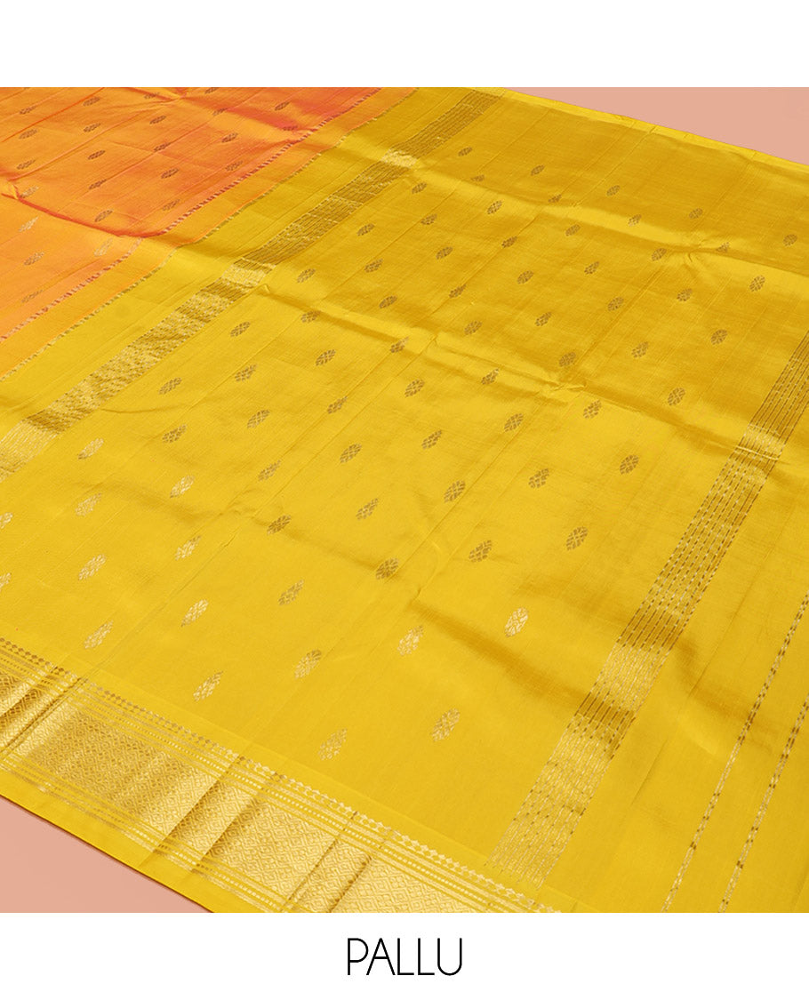 Yellow Kanchipuram Silk Saree, Subtly Sparkled with Zari Buttas, a Contrast One-Sided Border of Panner Sombu, Banaras, Muthu, and Jaal, Zari-Woven Pallu, and No Blouse