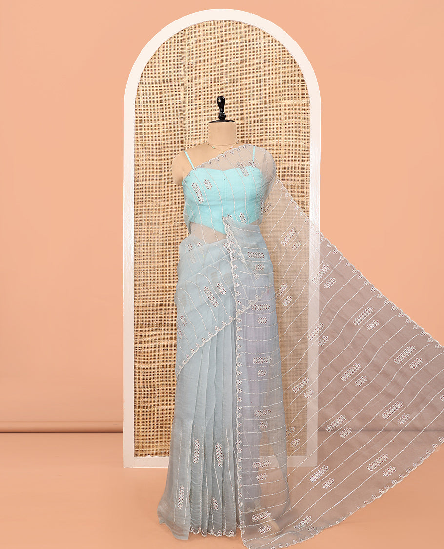 Sky Blue Swarovski and Meena Stonework Organza Designer Saree with Scallop Border, Matching Blouse