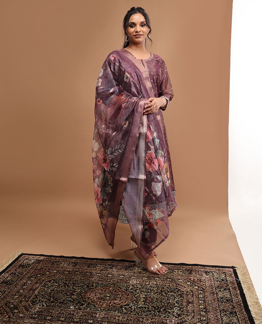 Violet floral embroidered round neck, 3/4 th sleeve,below knee lenght top with straight pants & floral printed dupatta