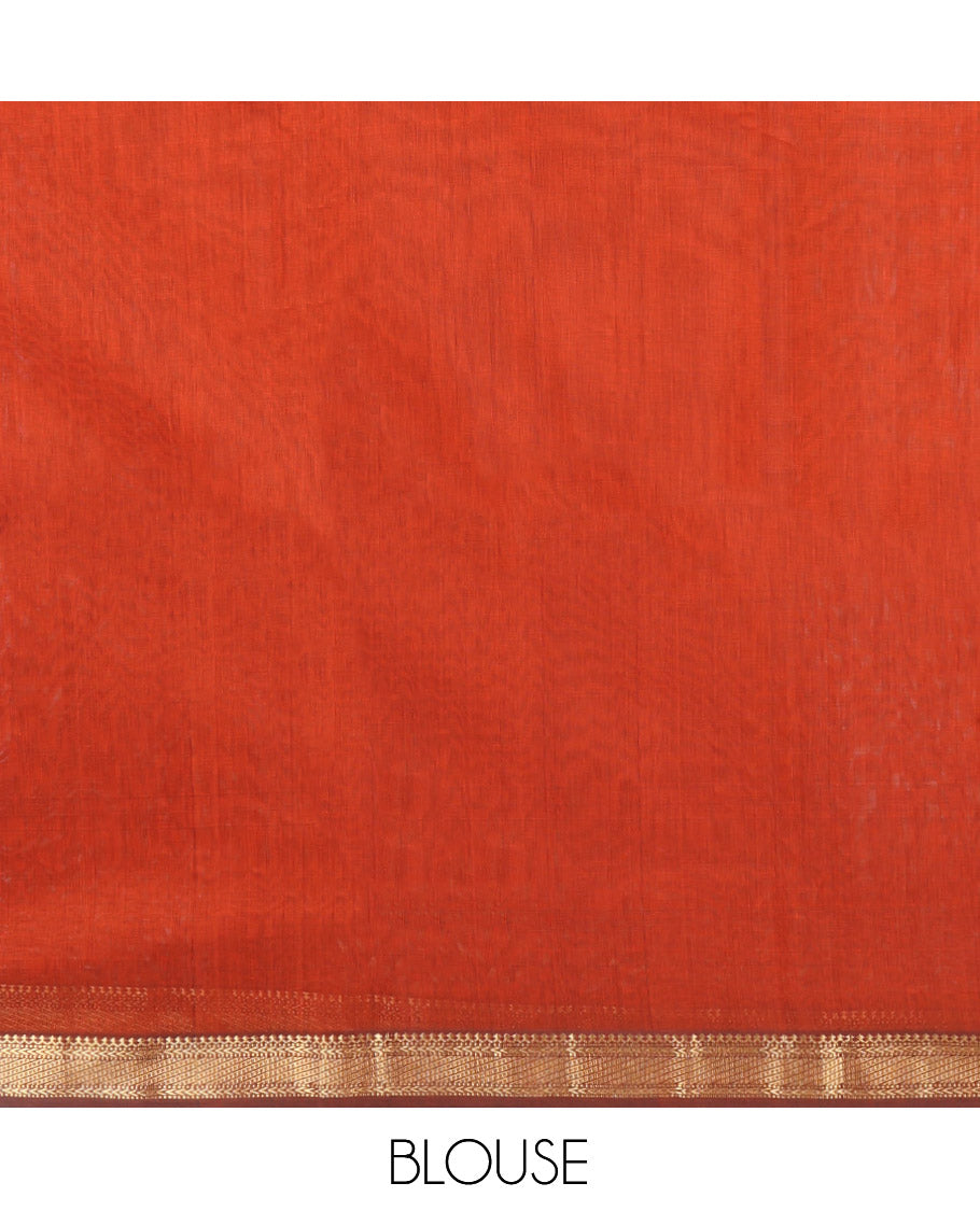Rust Maheshwari Cotton Saree Featuring Zari Buttas, a Contrast Traditional Zari Border, Zari Striped Pallu, and a Matching Blouse