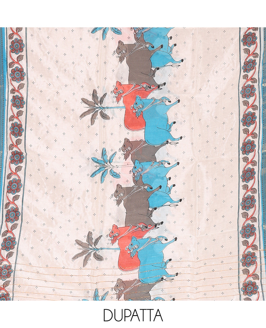 Blue Material Chudidhar Set, Delicately Woven with Dotted Stripes and Buttas on Its Semi-Silk Top, Plain Cotton Bottom, and Semi-Silk Dupatta Illustrating Pichwai Cow and Floral Print