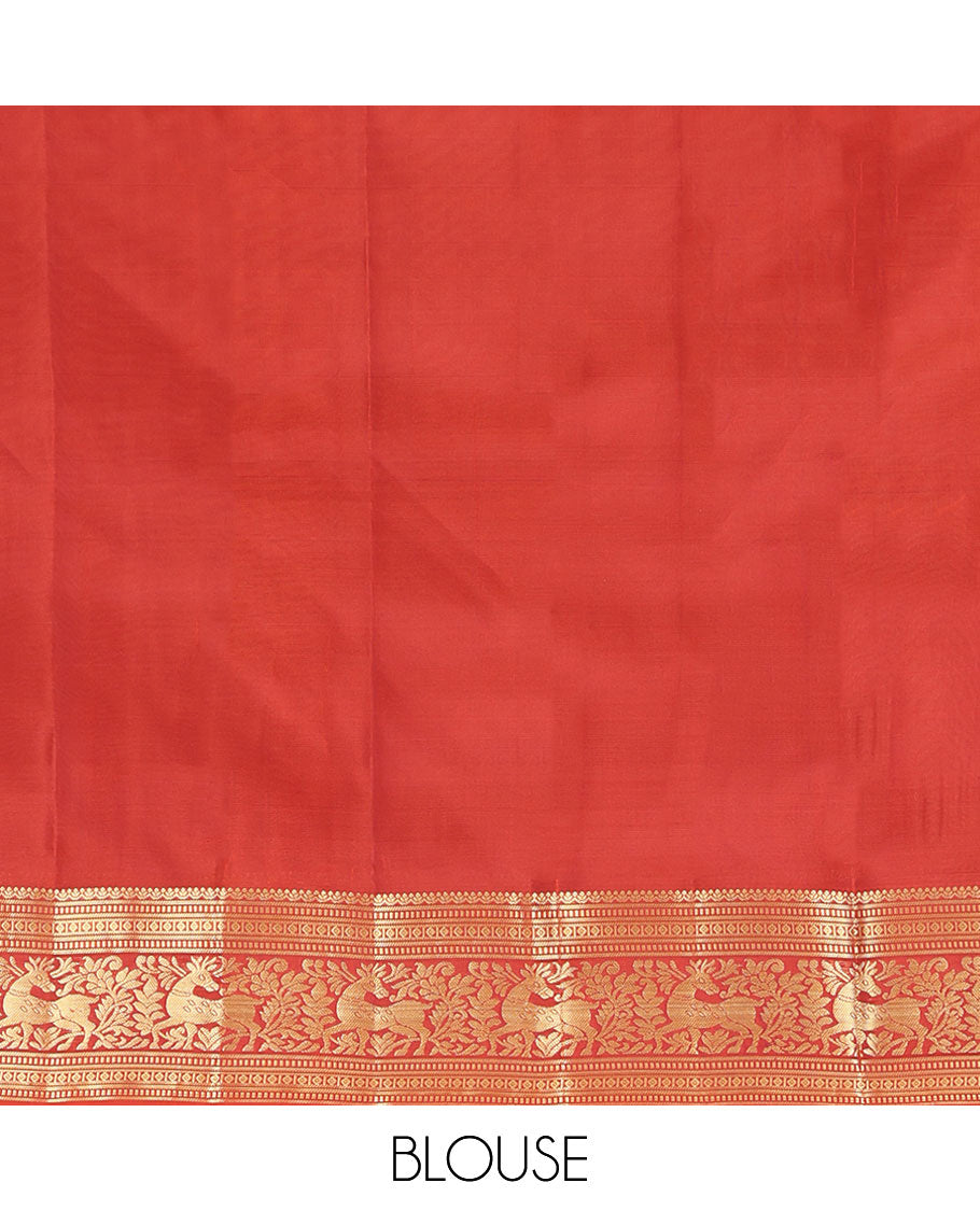 Rust Vasundhara Lite Silk Mix Saree, Gleamed Up with Zari Buttas, a Zari Border of Muthu, Banaras, and Maan Designs, Jaal Pallu, and a Matching Blouse