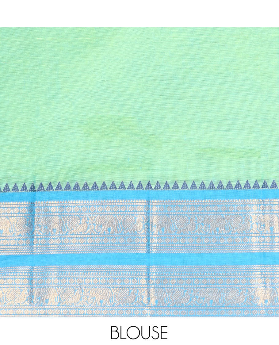 Bright Sea Green Plain Chettinad Cotton Saree, Complemented by a Contrast Traditional Zari Design Border, Pallu of Stripes, and Paired with a Matching Blouse