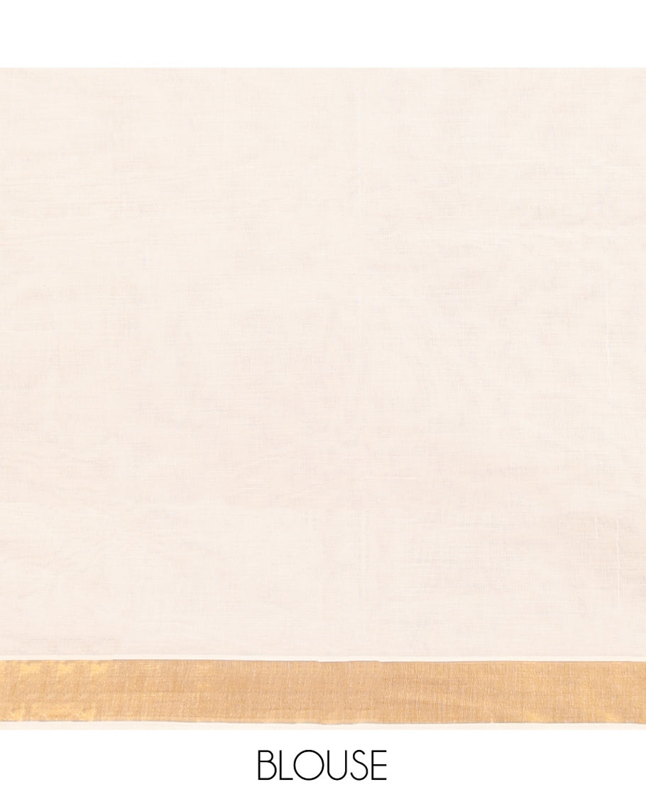 Cream Kerala Cotton Saree, Graced with Zari Buttas All Over Its Body, a Zari Bavanji Border, Pallu Woven with Peacock Designs, and Paired with a Matching Blouse
