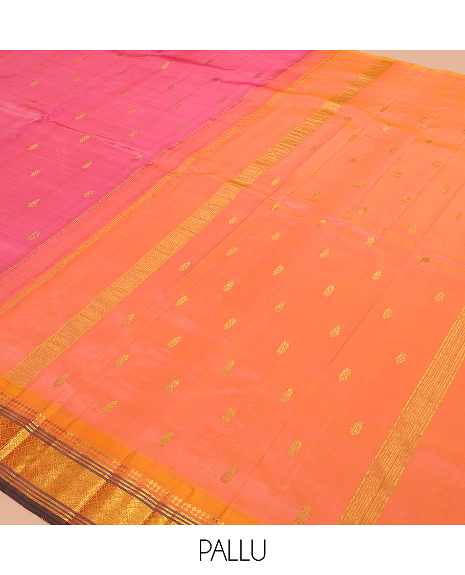 Pink Kanchipuram Silk Saree, Ornamented with Zari Buttas, a Contrast One-Sided Border of Paneer Sombu, Banaras, Muthu, and Jaal Design, Zari Design Pallu, and No Blouse