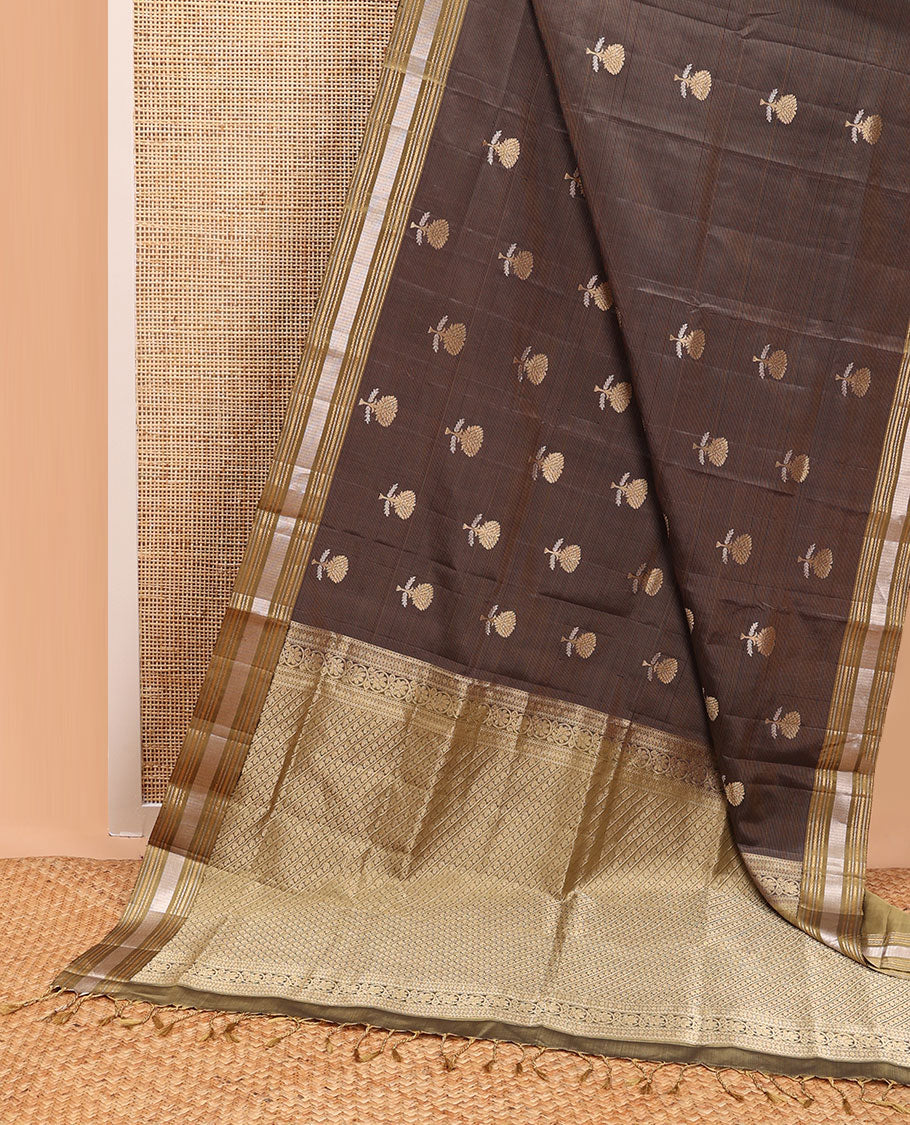 Brown striped, floral motifs mayuri soft silk saree with self striped border & floral design pallu