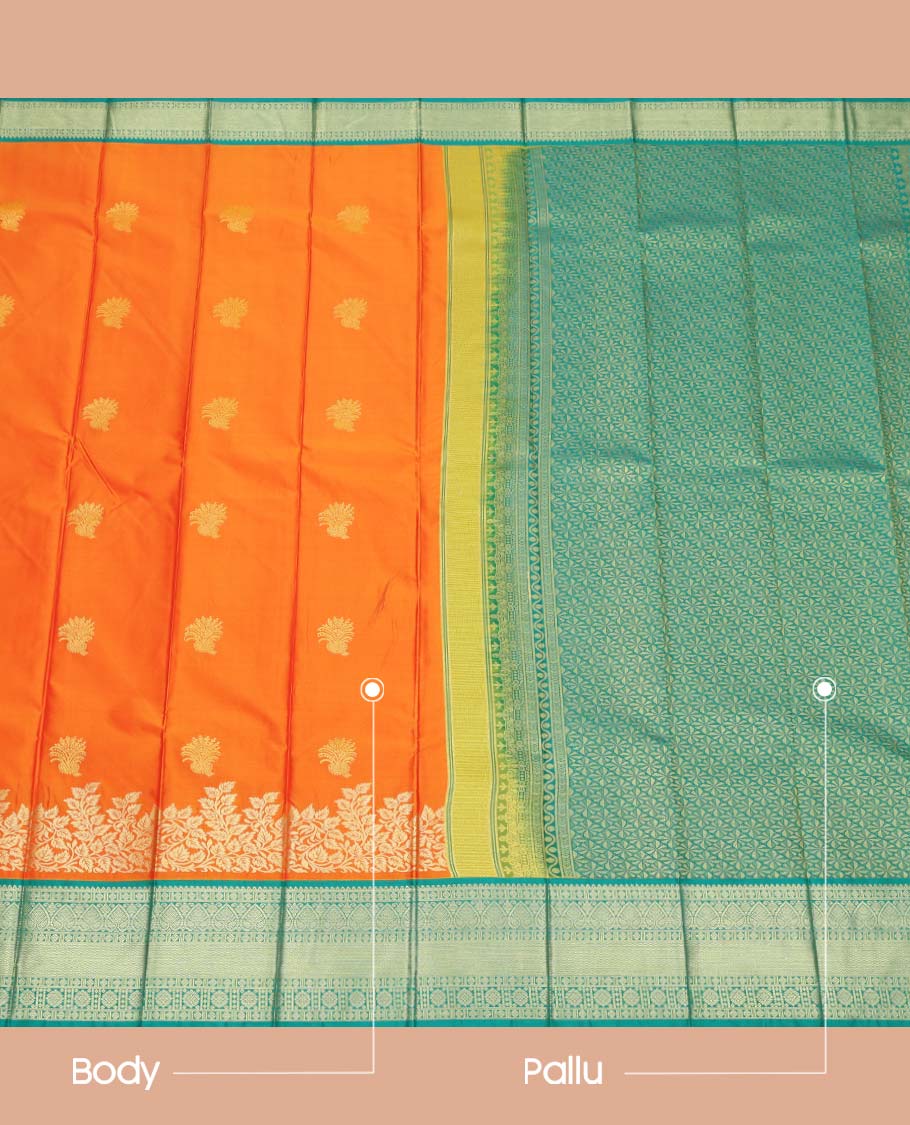 Orange Budget Silk Saree, Enriched with Zari Buttas All Over Its Body, Complemented by a Contrast Traditional Zari Design Border, Intricately Designed Pallu, and Paired with a Contrast Blouse