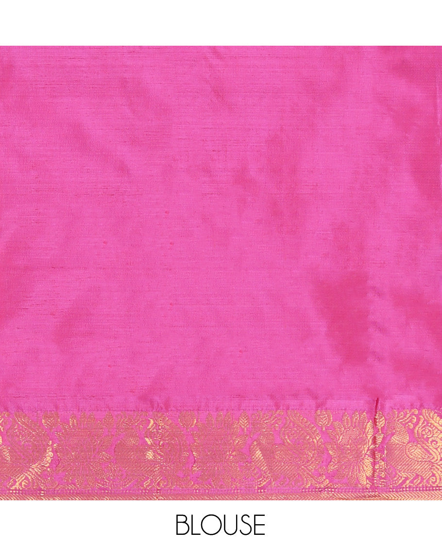 White Banana Pith Saree, Woven with Thread Buttas, a Contrast Peacock-Floral Zari Border, Pallu of Buttas, and a Contrast Blouse