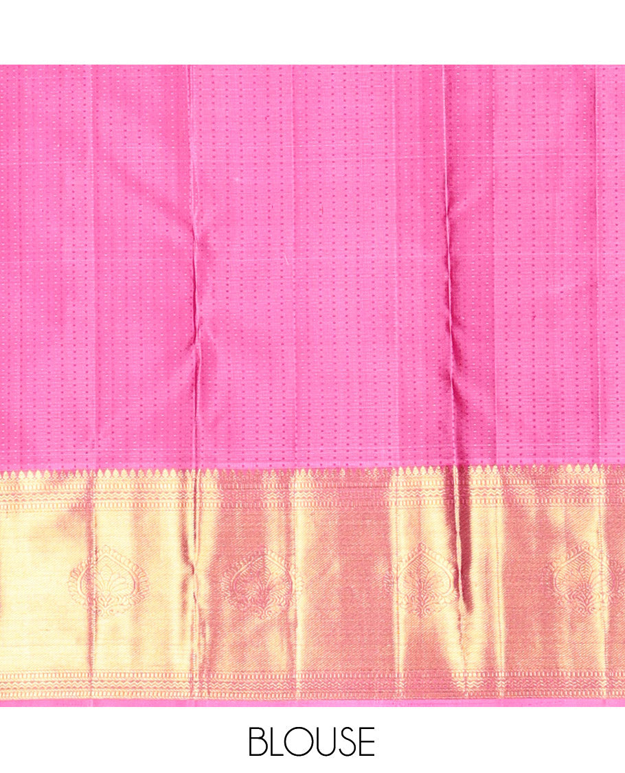 Pink Kanchipuram Wedding Silk Saree, Spotlighted with Jacquard Design, a Traditional Zari Border, a Grand Jaal Pallu, and a Matching Blouse