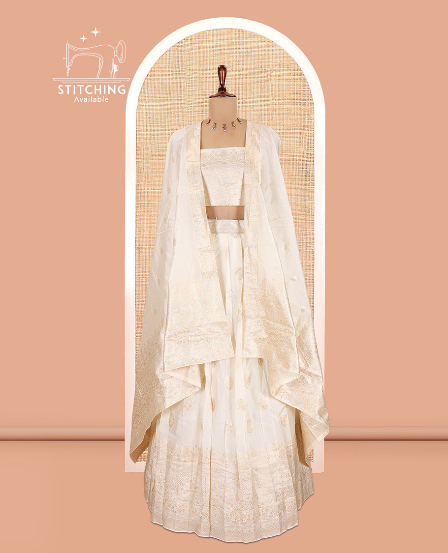 Cream Semi-Silk Half-Saree, Zari Buttas Skirt, Traditional Border, Matching Blouse, Dhavani