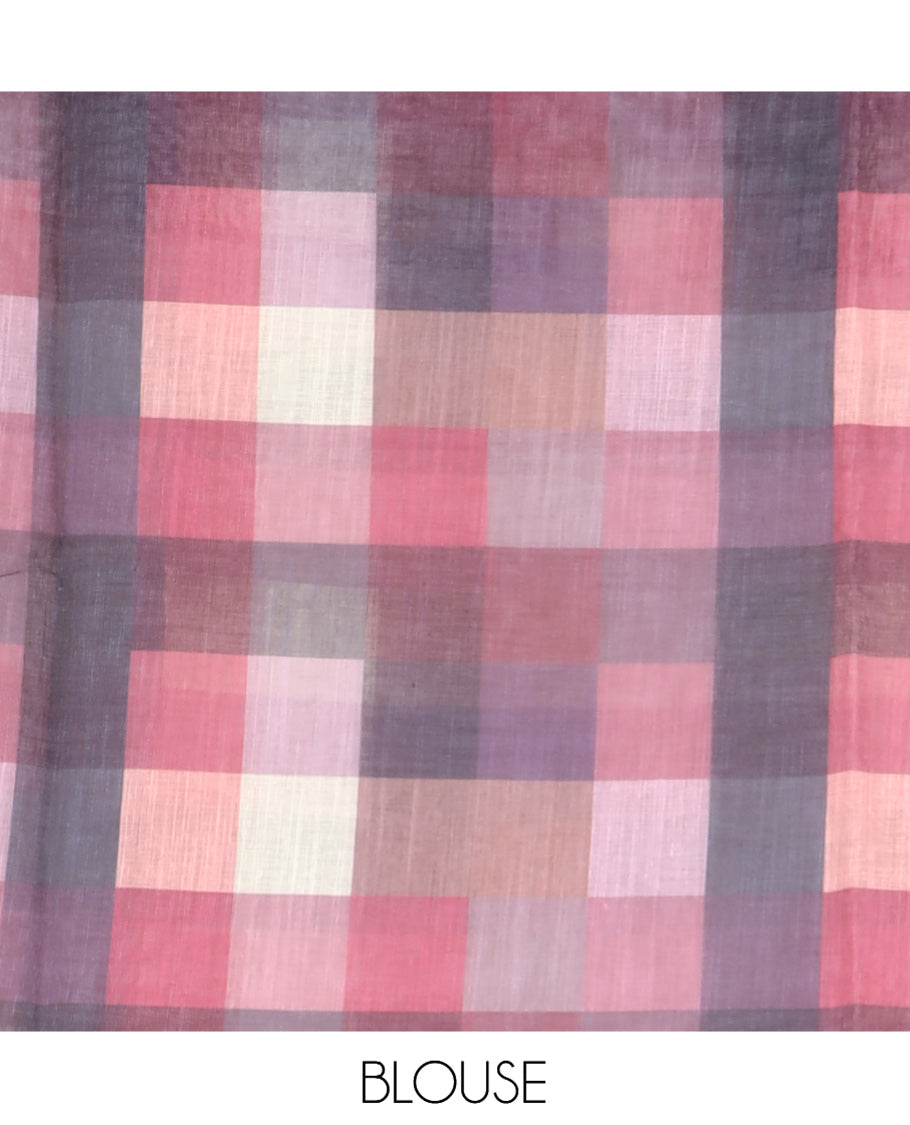 Cream-Brown Plain Handloom Cotton Saree, a Contrast Checked Border, Checked Pallu, and a Contrast Blouse