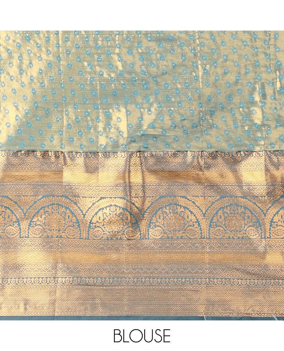 light blue geometric design half saree with contrast intricate zari design border, zari design blouse & floral embroidery dhavani