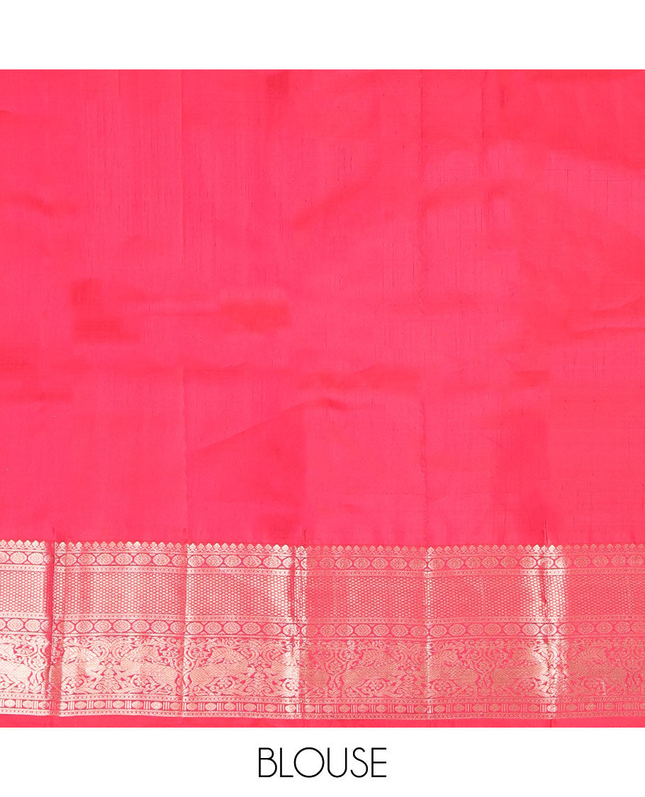 Red Vasundhara Silk Saree, Subtly Sparkled with Zari Checks All Over Its Body, Highlighted by Zari Border of Thilakam Mokku, Kamalam, Mayil Kann, Rudraksham, and Kuthirai Designs, Pallu of Jaal Designs, and Paired with a Matching Blouse