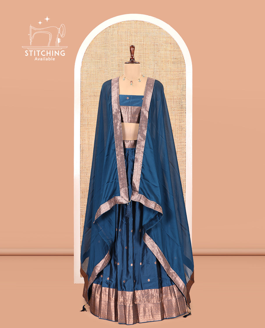 Peacock Blue Semi-Silk Half-Saree, Detailed with Zari Buttas Skirt, a Matching Blouse, and a Zari Design Dhavani