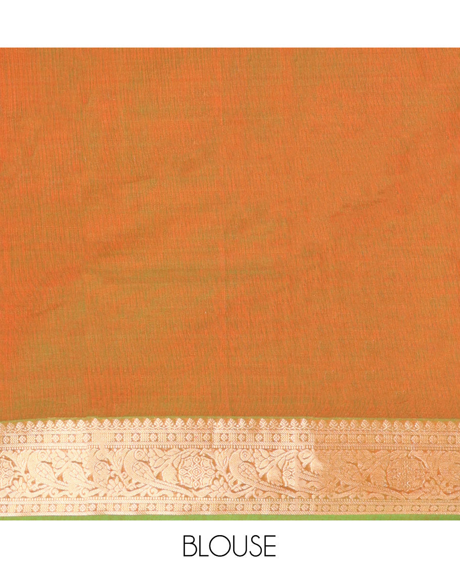 Orange Silk Cotton Saree, Enriched with Zari Buttas, Complemented by a Contrast Traditional Zari Border, Pallu of Intricate Designs, and a Matching Blouse