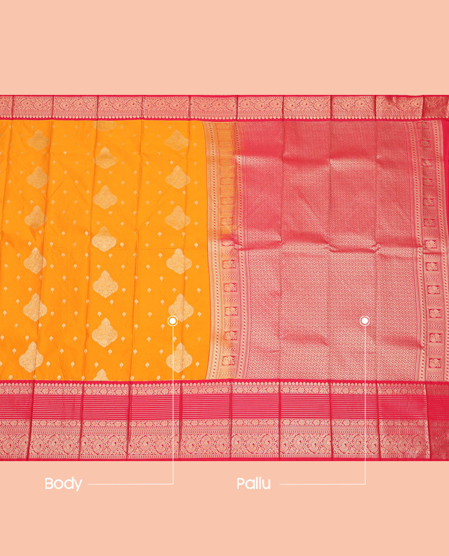 Orange Budget Silk Saree, Detailed with Zari Buttas, Complemented by a Contrast Traditional Zari Design Border, Grand Jaal Pallu, and a Contrast Blouse