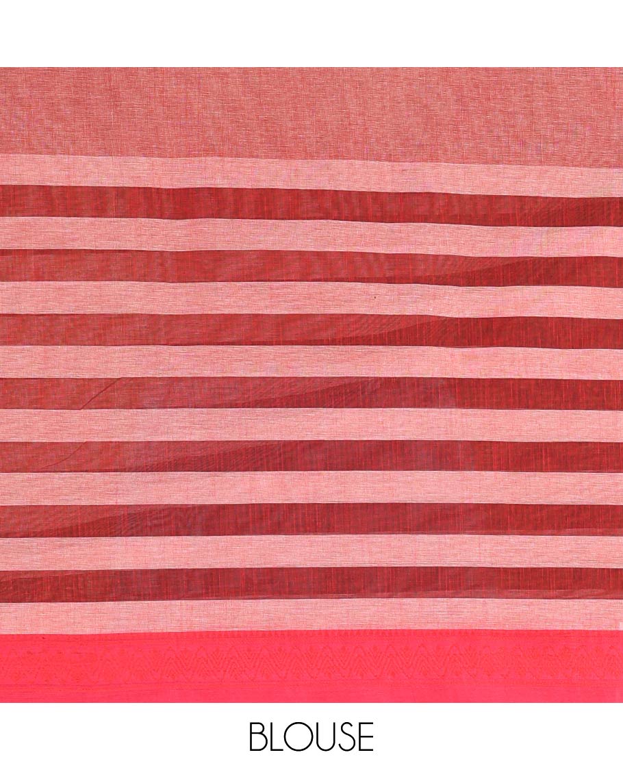 Grey and pink stripes and plain Mangalagiri cotton saree, contrast plain border, striped pallu, and a contrast horizontal striped blouse