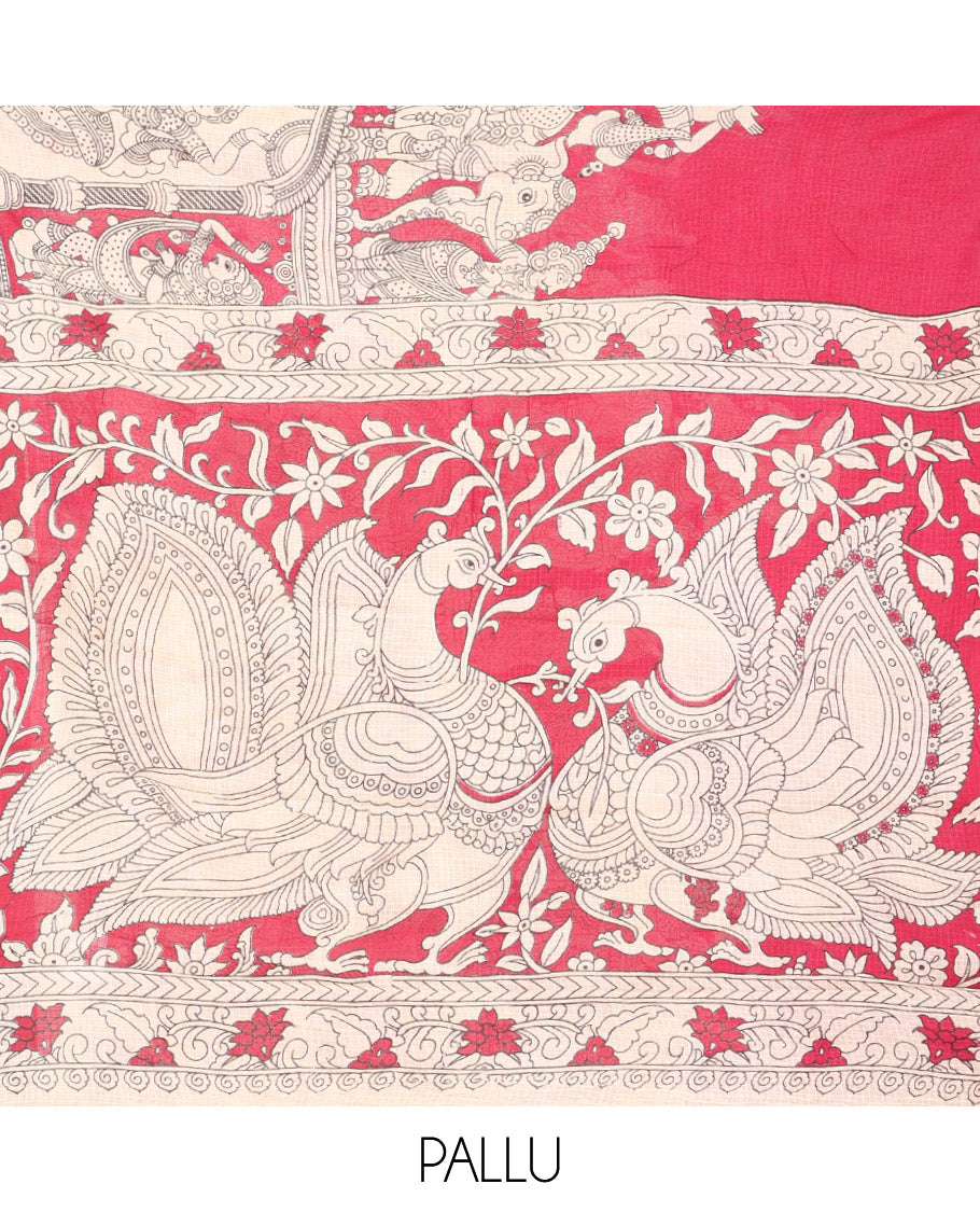 Borderless Pink Kalamkari Cotton Saree, Embellished with Ancient Human Motifs Print, Peacock Pallu, and a Contrast Blouse